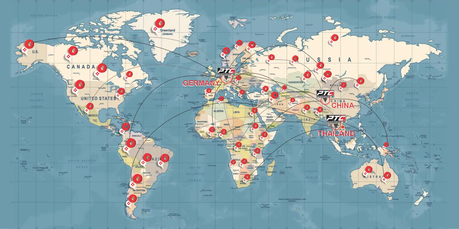 PTC GROUP global delivery map – routes from origin factories to customers worldwide